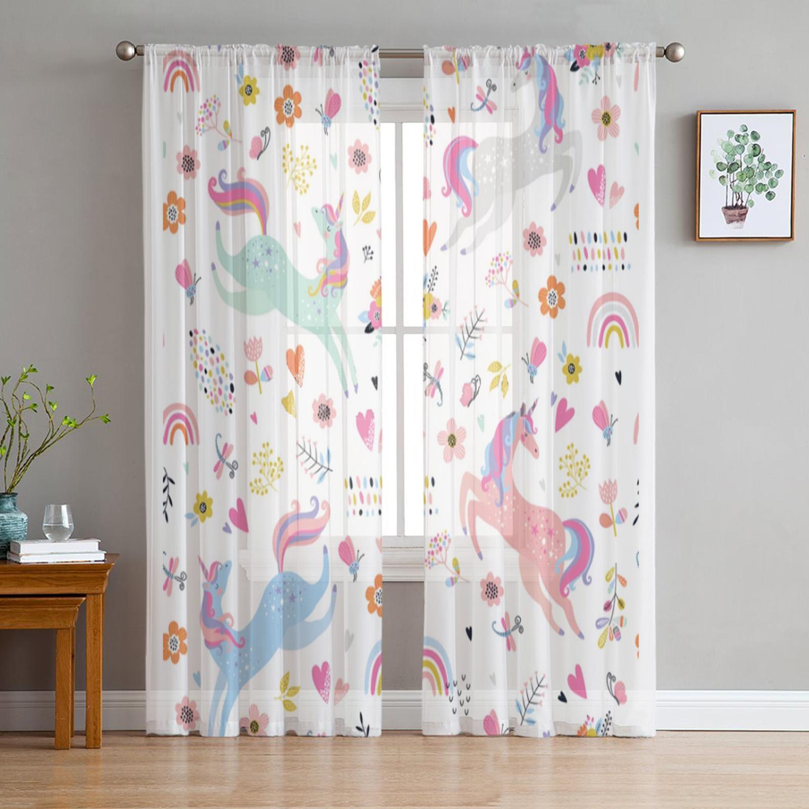 2023 Niedliche Einhorn Schmetterling Regenbogen Kinder Tüll Vorhänge für Schlafzimmer Heimdeko Wohnzimmer Küche Voile Vorhänge Drapierungen 2 Stück W50H130(CM)x2&Hook