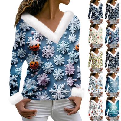 Women's T Shirt Tee Christmas Print Shirt Long Sleeve Party Fleece Collar V Neck Top