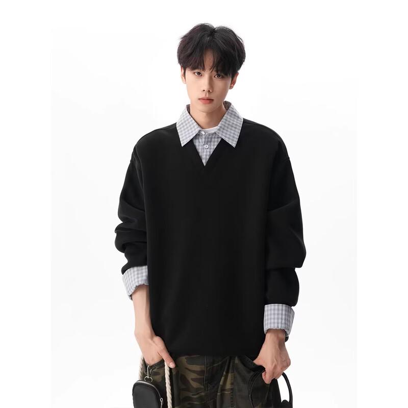 QOTRIOCK Heavyweight Plaid Polo Collar Layered Sweatshirt
