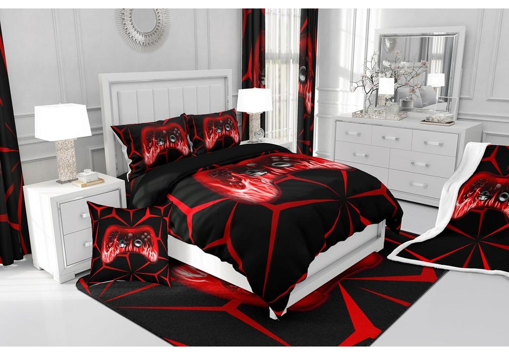 Boys Gamer Comforter Set3D Gaming Bedding Set Twin Size Room DecorRed and Black Video Game Geometric Gaming for Game Lovers