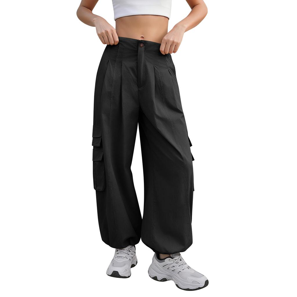 Women’s Loose Fit Wide Leg Cargo Pants with Multiple Pockets High Waist Button Closure Casual Trousers for Daily Wear