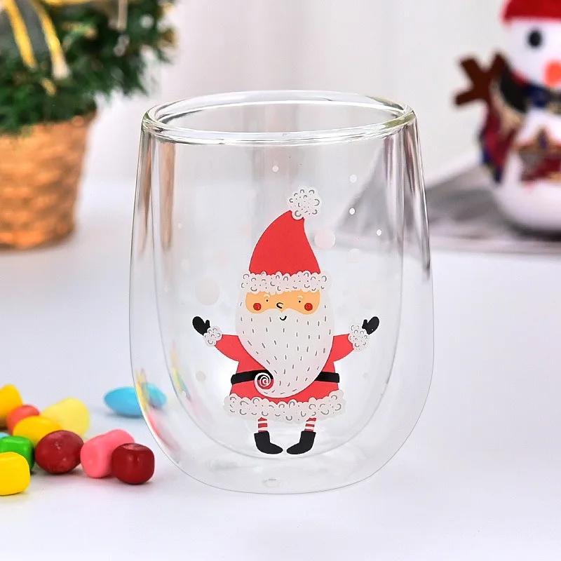 Weihnachtsglas Tasse Weihnachtsmann Muster Doppelwandige Kaffeetasse Frühstückswasserbecher für Kinder Zuhause/Büro Trinkgeschirr Weihnachtsgeschenke