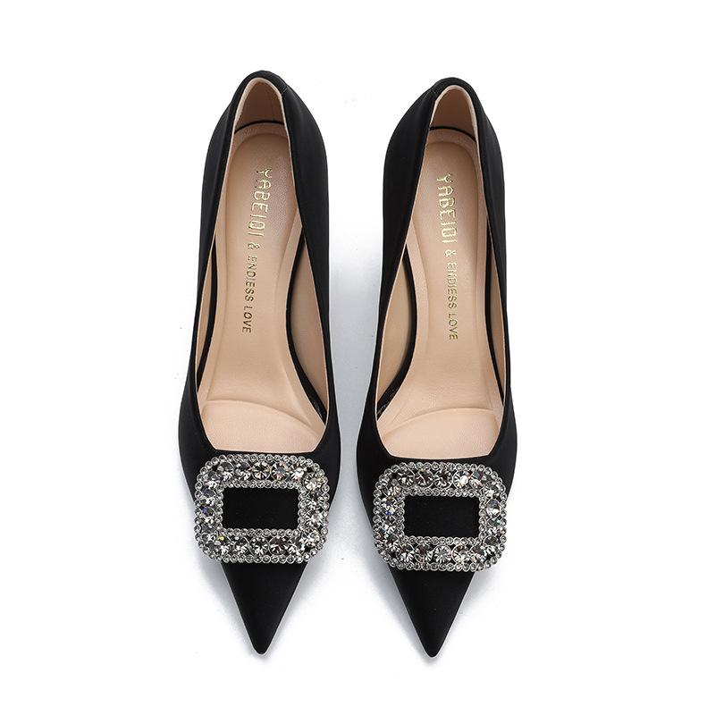 Schuhe Damen Pure Desire Wind 2025 Neu Strass Quadratische Schnalle High Heels Damen Spitzkopf Flacher Ausschnitt Pendeln Dünner Absatz Französische Einzelne Schuhe