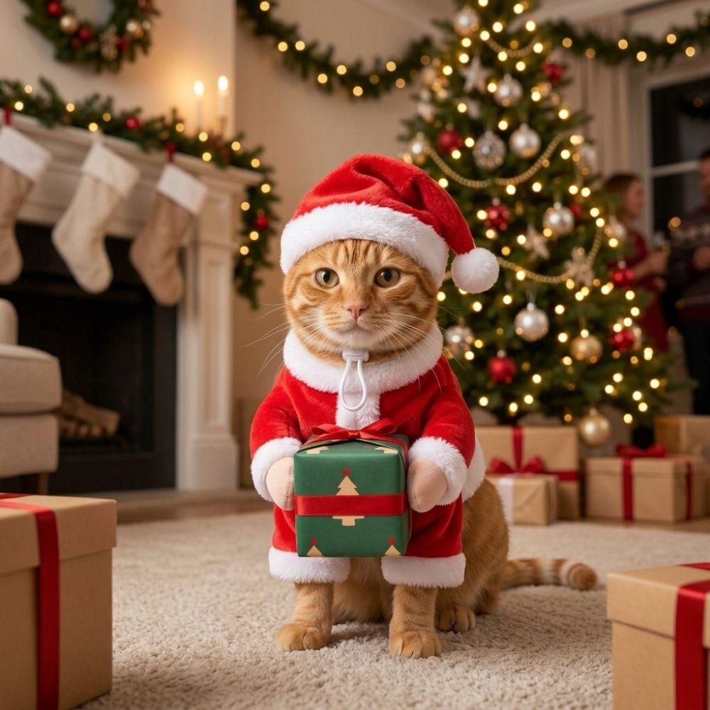 Plush Fabric Pet Christmas Gift Box Costume Soft Elastic Pet Gift Holding Outfit Holiday Gift