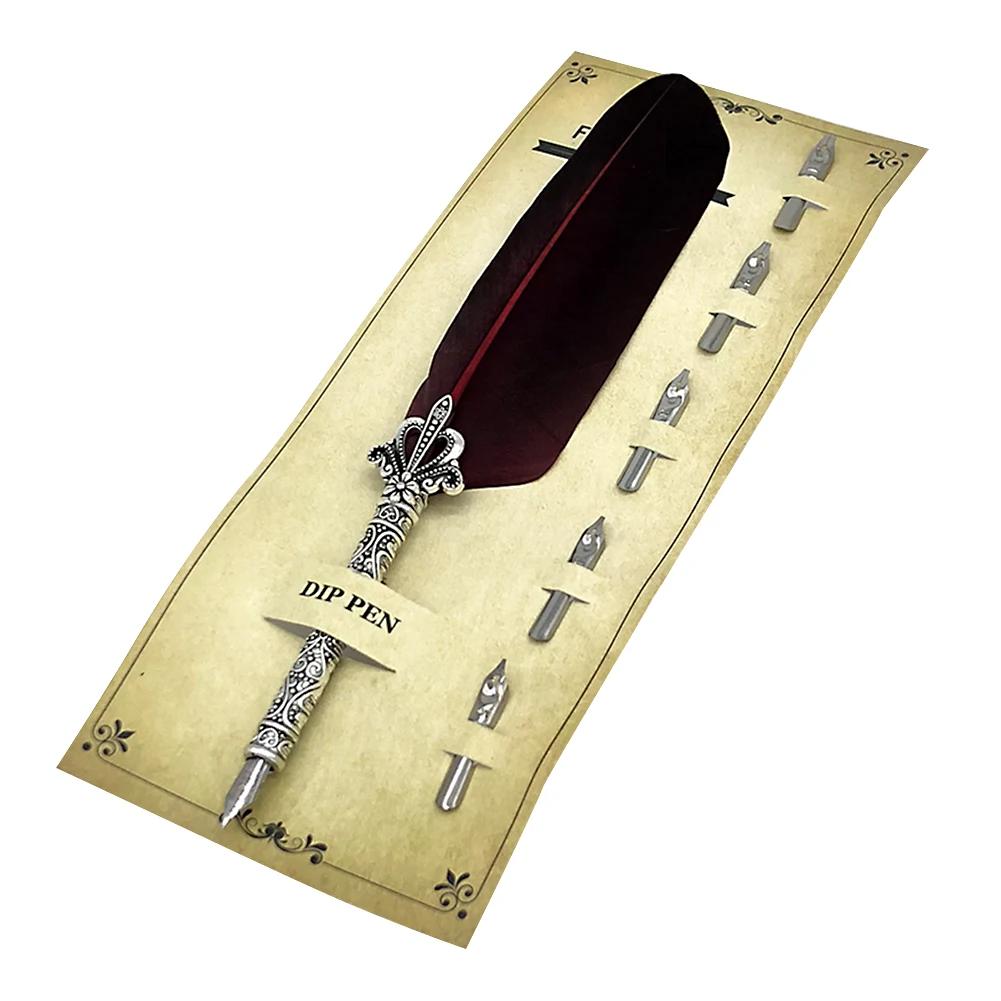 1 Set Vintage Feather Pen with 5 Pen-Nibs Oblique Pen Set Retro Calligraphy Feather Dip Pen Creative Birthday Holiday Gift Set