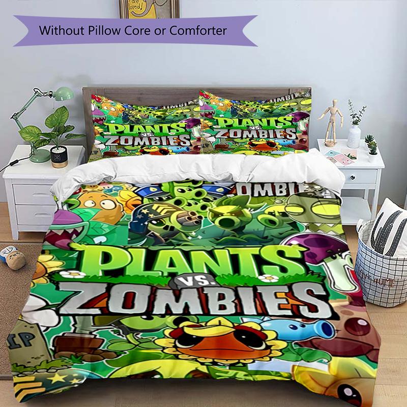 3pcs Duvet Cover Set (1*Duvet Cover + 2*Pillowcase, Without Core), Plants vs. Zombies Print Bedding Set, Bedroom Decor, All‑Season, Birthday Gift