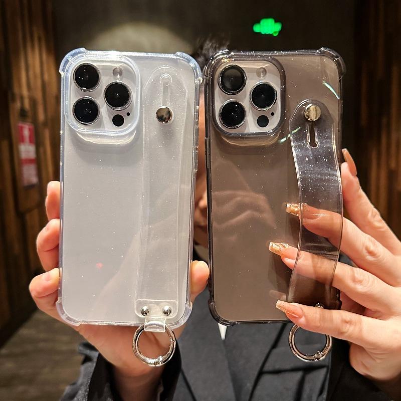 Luxury Transparent Glitter Wrist Strap Phone Case For iPhone 11 12 13 14 15 16 Pro Max X XR XS Plus Stand Clear Shockproof Cover