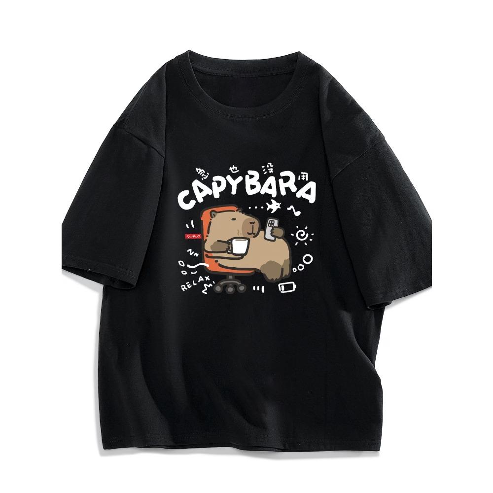 Lustiges Capybara Grafik T-Shirt Humorvolles Entspannendes Tier Tee Kawaii Kaffee Liebhaber Aufdruck Sommer Kurzarm Top Unisex Lässig