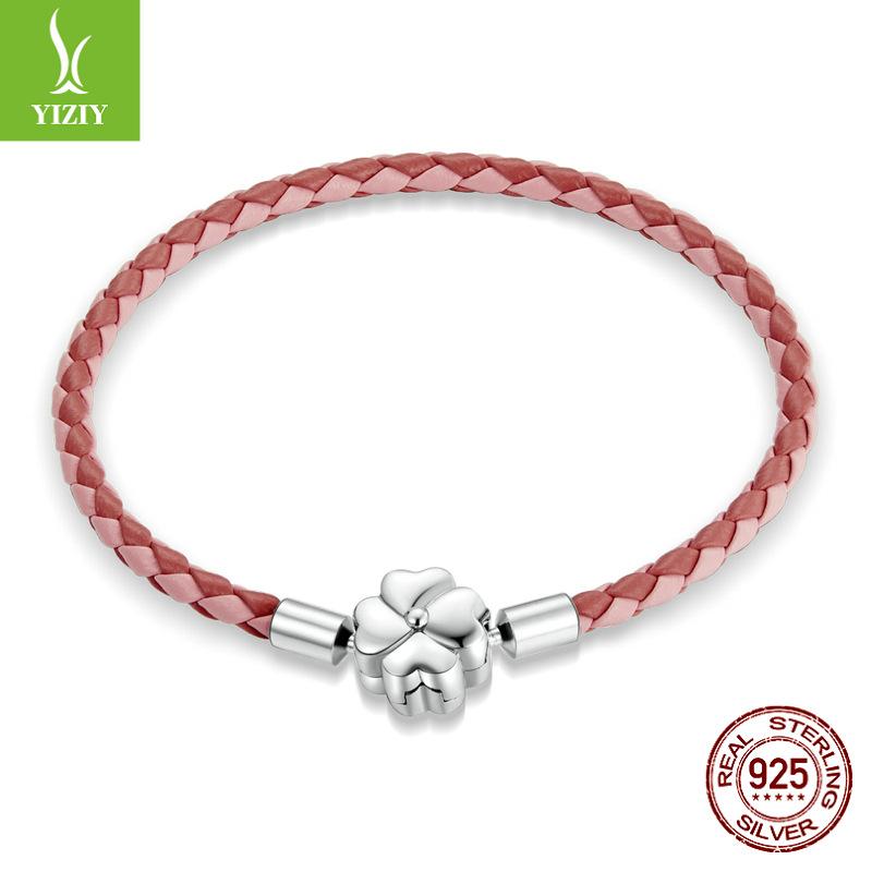 Gradual Change Four-Leaf Clover Leather Base Bracelet, Fashionable Diy925 Sterling Silver Woven Lucky Bracelet