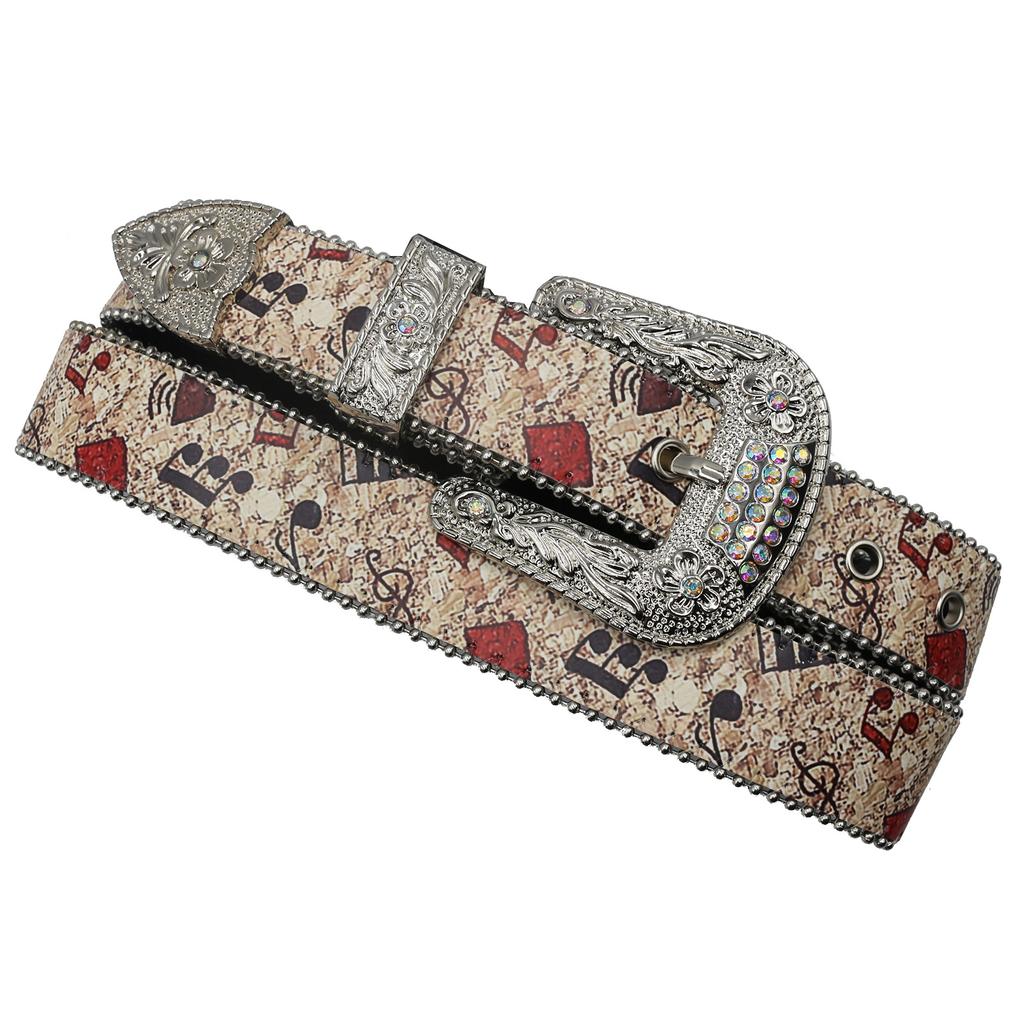 Original Design Music Note Rhinestone Print Belt Y2K Personality Trend Pu Leather Belt