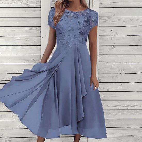 O-Neck Short Sleeve Waist Tight High-waisted Evening Dress Elegant Embroidery Lace Floral