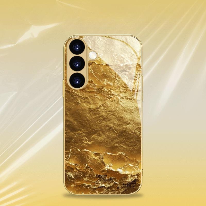 Gold-plated tempered glass phone case, compatible Galaxy S26, S25, S24, S23, and S22 Ultra Plus. Gold textured pattern.