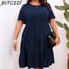BITCED Plus Size O-Neck Small Pom-Pom Pleated Dress