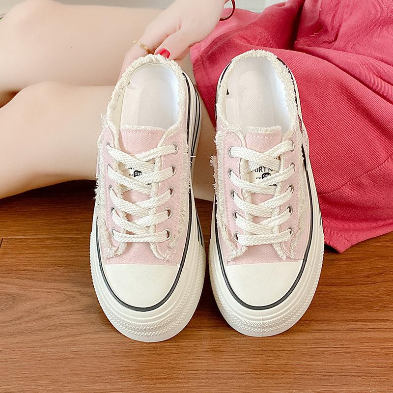 Baotou slippers women's summer wear 2025 new canvas shoes versatile student lazy half drag platform white shoes ins