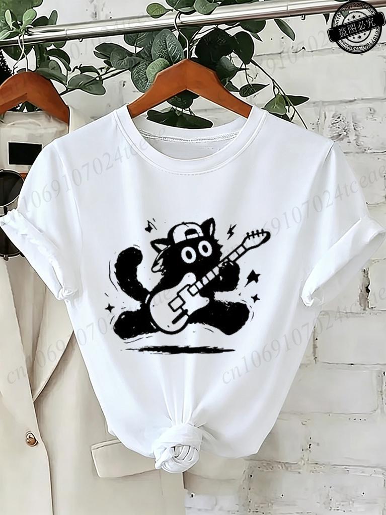 Rock Cat T-Shirts,Grunge Punk Tee Aesthetic,Abstract Guitar Women's Tee Shirts,Music Lover Gift,Quirky Animal Graphic T-Shirts