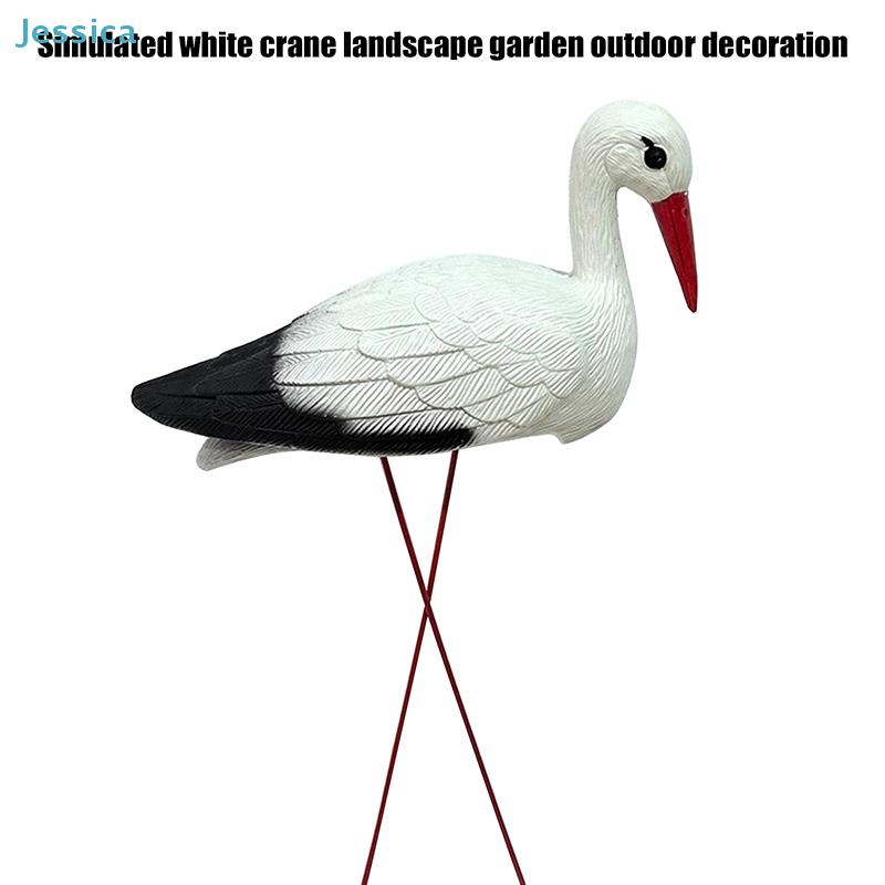 White Crane Garden Sculpture With Stake - Outdoor Decorative Bird Statue For Patio Lawn Pond