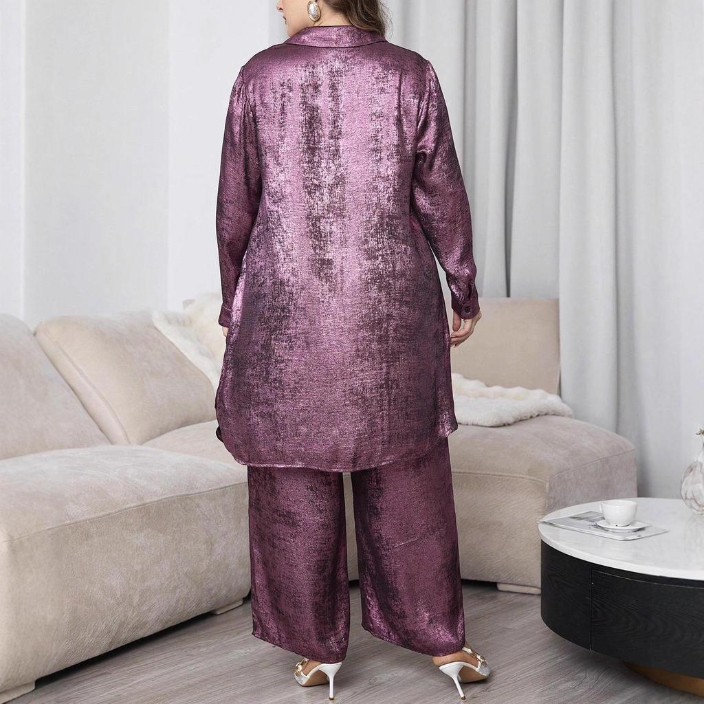 Auf Lager Elegantes Zweiteiliges Set für Damen in Übergrößen für Herbst/Winter: Freizeithemd & Weit geschnittene Hose