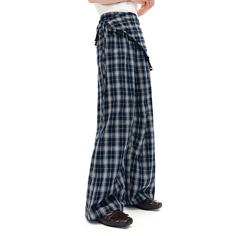 Ledian Color-Block Plaid Wide-Leg Casual Pants