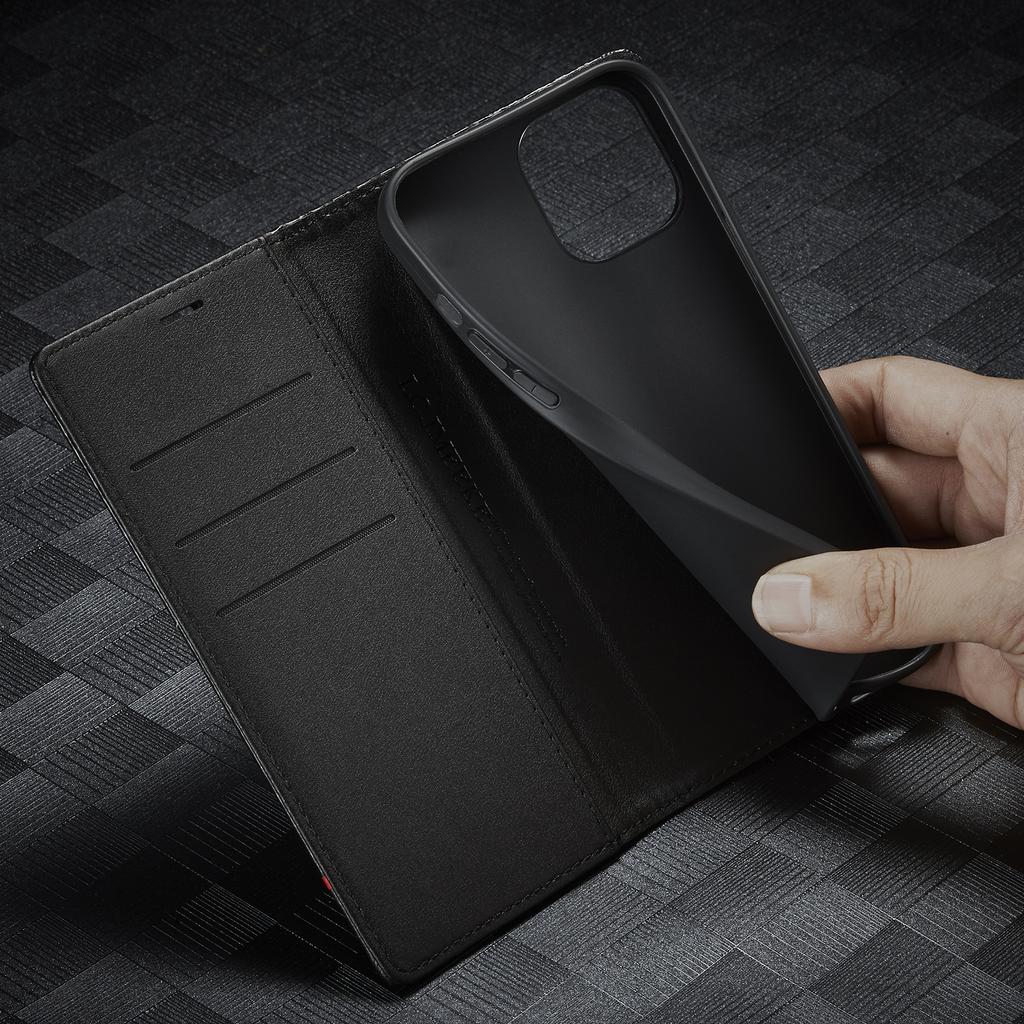 LC.IMEEKE For iPhone 15 Scratch Resistant Leather Stand Cover Carbon Fiber Texture Wallet Phone Case