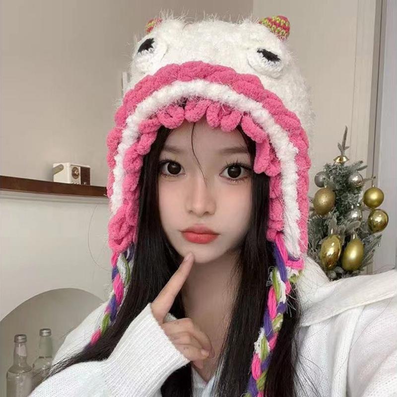 Winter Warm Plush Hat for Women Funny Monsters Hat Hooded Skull Hat Outdoor Activity Cap Windproof Headwear Pullover Hat