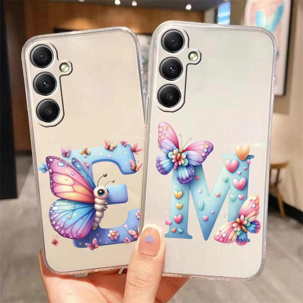For Samsung Galaxy A54 A14 A34 A24 Blue Butterfly Flower Letters A-Z Couple Phone Case Transparent Clear Silicone Bumper Cover