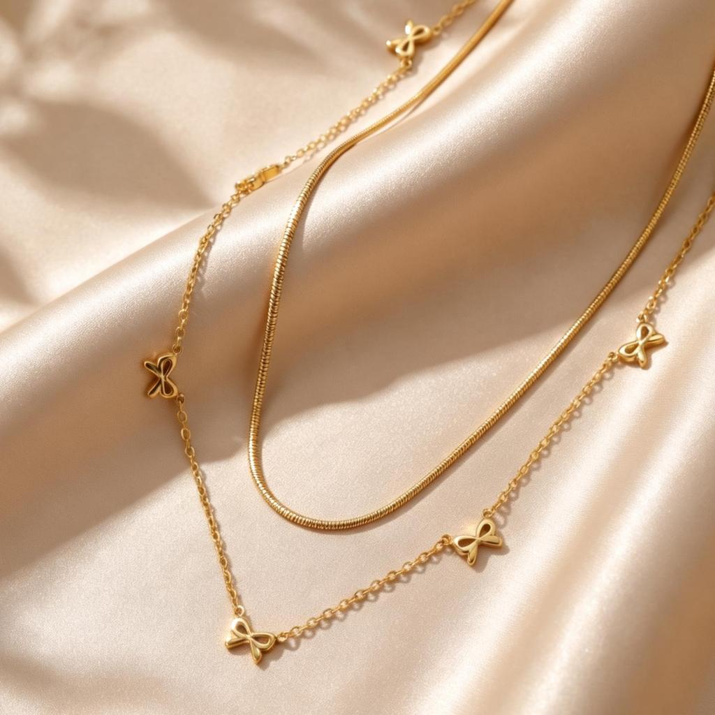 Elegant Double Layer Chain Bowknot Charms Necklace for Women, Stainless Steel Y-shaped Thin Link Necklace, Fashion Jewelry Gifts
