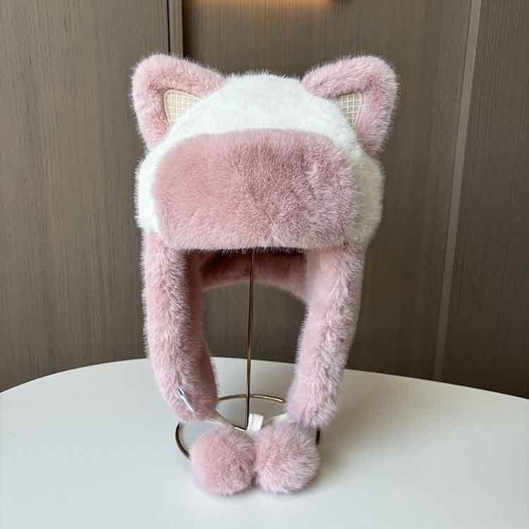 New cat ears plush Lei Feng hat women's cycling windproof warm ear protection hat plush thickened hanging ball small hat
