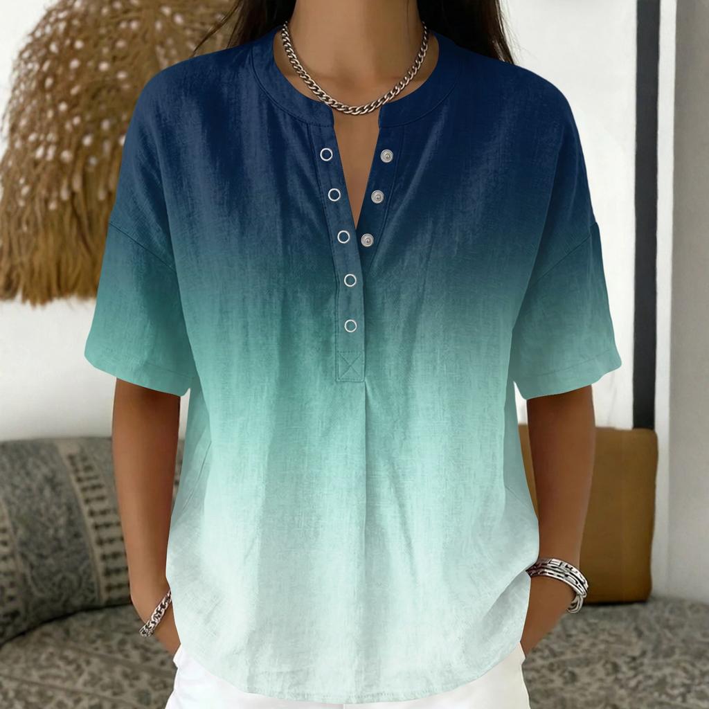 Women Short Sleeve Pullover Blouse V Neck Button Front Casual Loose Fit Lightweight Summer Top