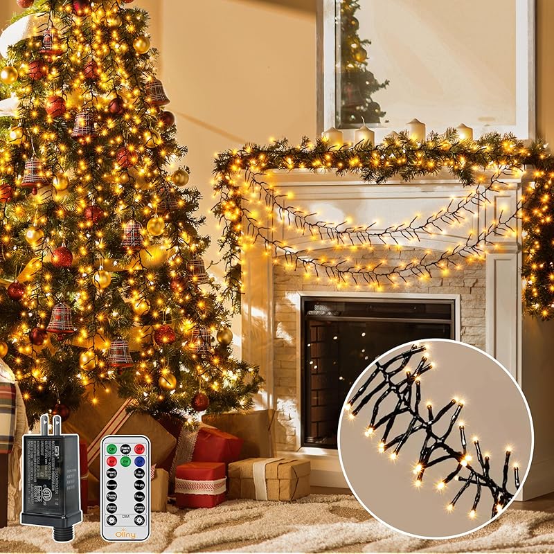 Ollny Cluster Christmas Lights 1000LED 49FT, Warm White Tree Lights 8 Modes Timer Remote, Waterproof String for Outdoor Indoor Outside Garland Xmas 400LED 20ft