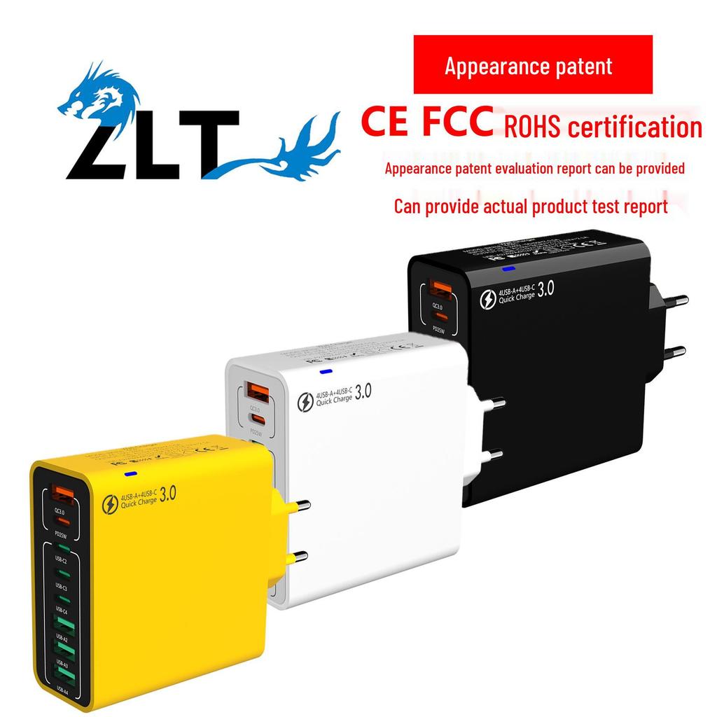 Fast 8-Port Charger: 4 USB, 4 PD, 55W, QC3.0 – Compatible with European, American, Korean Standards