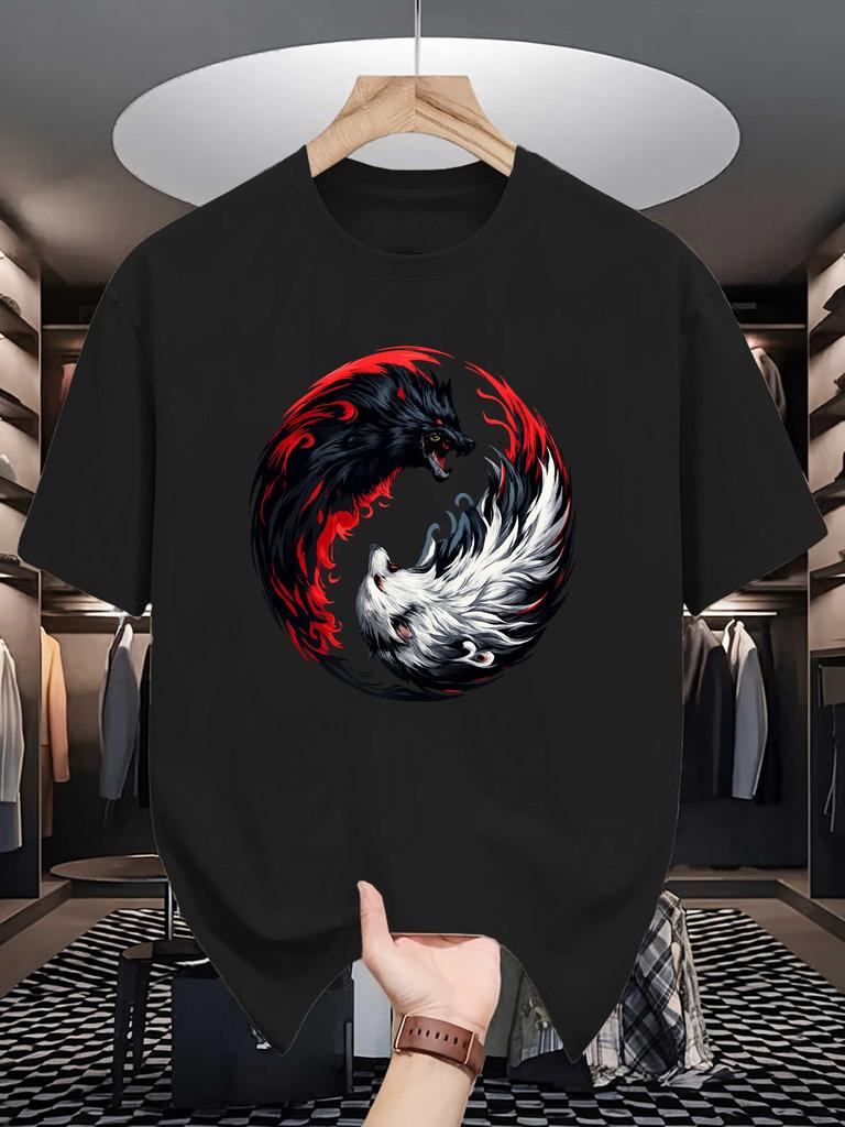 Unisex Crew Neck Tee Yin Yang Wolf Art Animal Graphic Print Soft Cotton Loose Short Sleeve Summer Casual Male Streetwear Tops