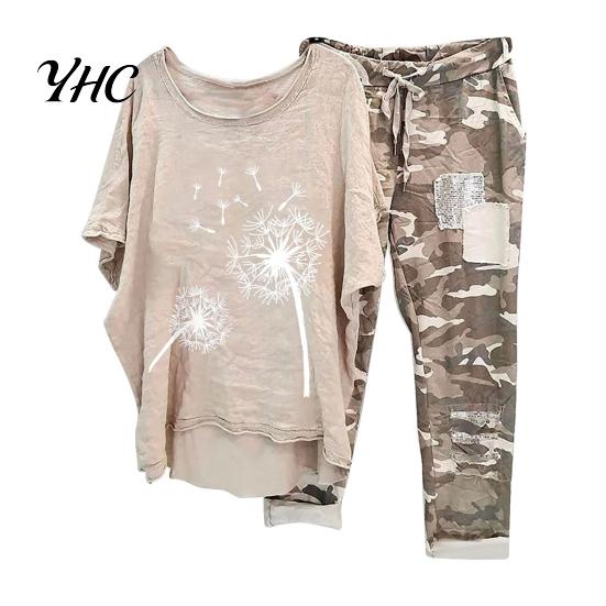 Women Top Pants 2 Pcs/Set Set Round Neck Flower Camouflage Print Irregular T-shirt Trousers Hem Short Sleeves Loose Drawstring Elastic Waist XL