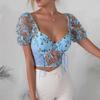 European and American Women's Clothing Splicing Mesh Vest, Short-sleeved Spice Girl Wind Backless Perspective Butterfly Embroidery Suspenders