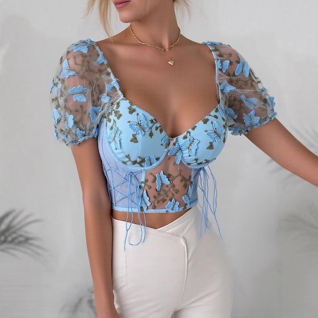 European and American Women's Clothing Splicing Mesh Vest, Short-sleeved Spice Girl Wind Backless Perspective Butterfly Embroidery Suspenders