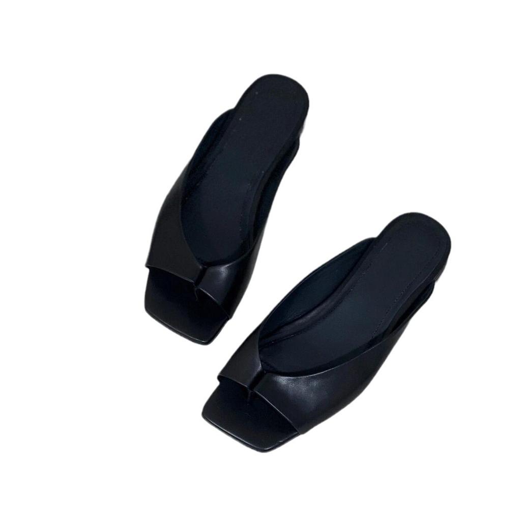 Leather square-toed one-word slippers women's summer 2025 new hemming low-heeled flat-bottomed casual versatile sandals