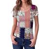 Women Slim Fit Square Neck Short Sleeve Top Vintage Floral Print Patchwork Ribbed Texture Stretchy Casual Shirt