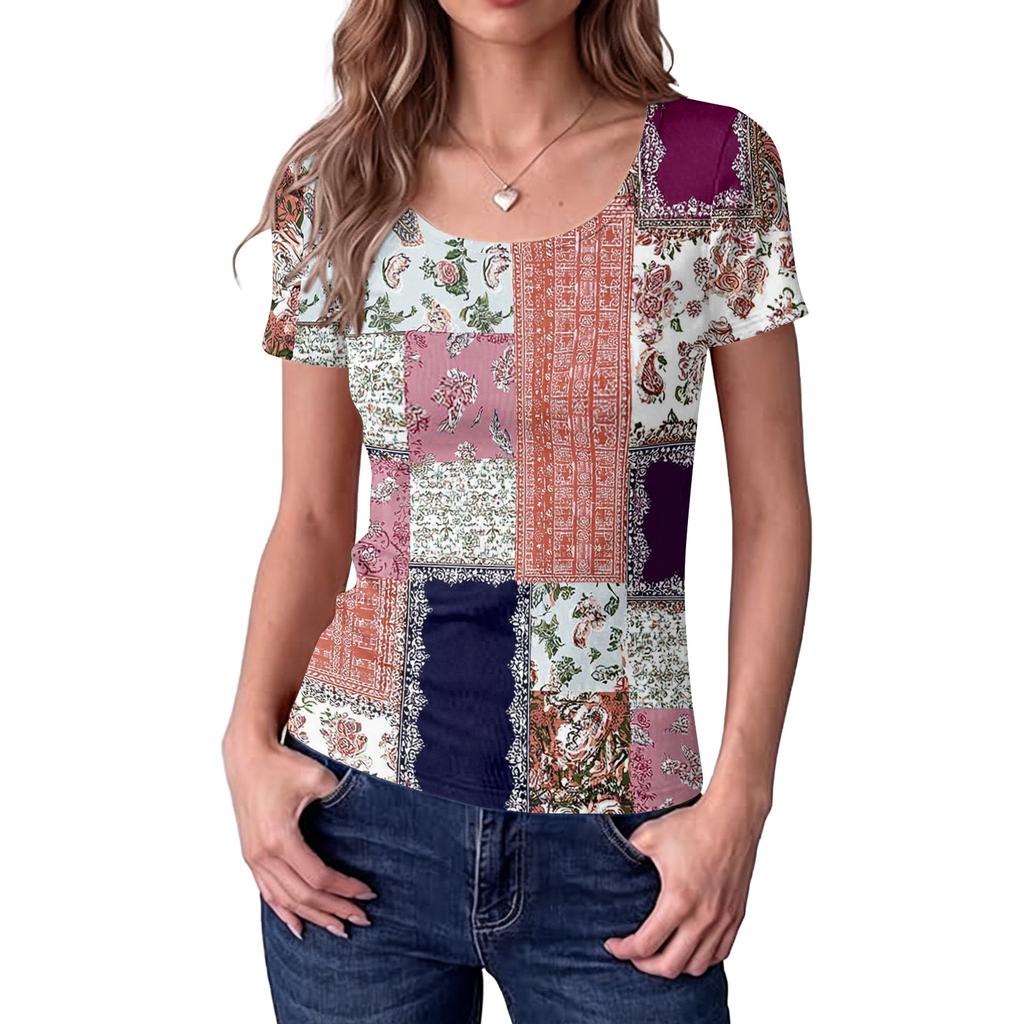 Women Slim Fit Square Neck Short Sleeve Top Vintage Floral Print Patchwork Ribbed Texture Stretchy Casual Shirt