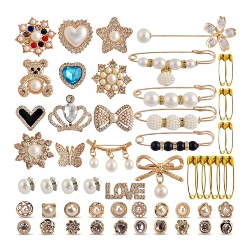 

55Pcs Charm for Socks Sweater Shawl Clip Brooch Safe Pin Jewelry Charm Artificial Pearls Rhinestones Brooch Pin 1