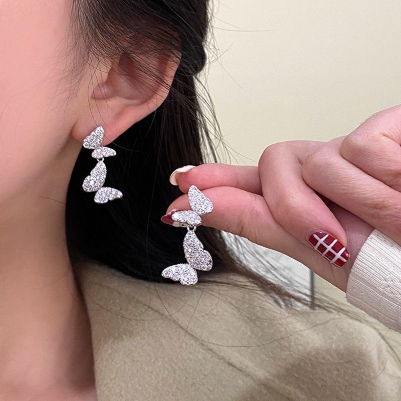 Silver Butterfly Diamond Stud Earrings, 2025 Elegant Light Luxury High-End Jewelry