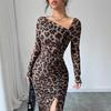 European & American Leopard Print Round Neck Long Sleeve High Waist Dress