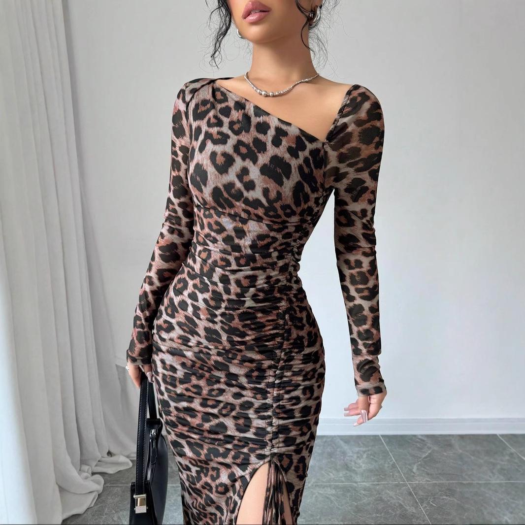 

European & American Leopard Print Round Neck Long Sleeve High Waist Dress XL