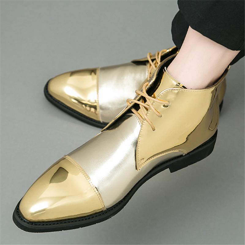 Projektant Nowy Męski Urok Złoty Patchwork Sukienka Skórzane Sznurowane Buty Dla Mężczyzn Luksusowy Dżentelmen Botki Do Kostki Ślubne Balowe Obuwie
