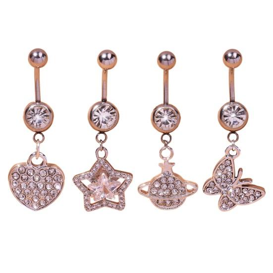 Belly Button Ring Rhinestone Love Heart Butterflies Five-Pointed Star Pendant Sexy Hypoallergenic Stainless Steel