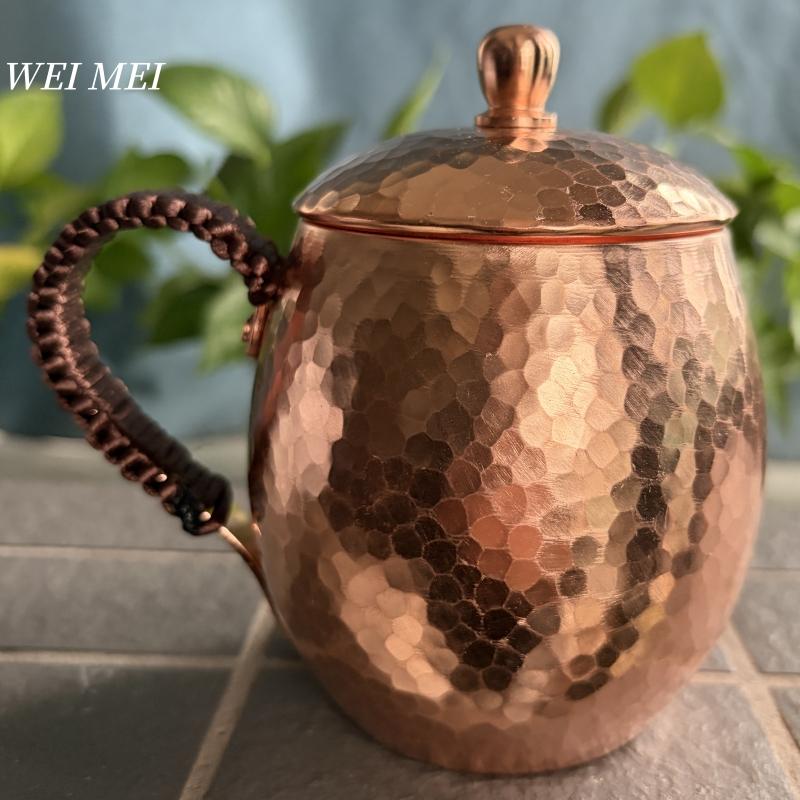 Vintage Copper Oval Coffee Mug,Thickened With Lid Drinking Water Cup,Handcrafted Hammer Texture Woven Handle Tea Cup Tableware