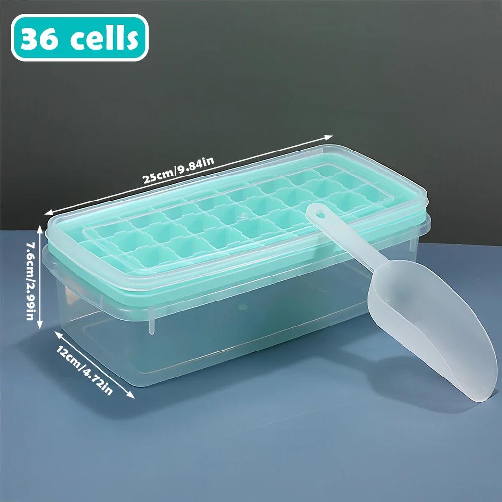 Ice Cube Tray with Lid and Scoop 36 Grids Large Capacity Ice Maker Mold with Bin Stackable Square Ice Cube Container Reusable