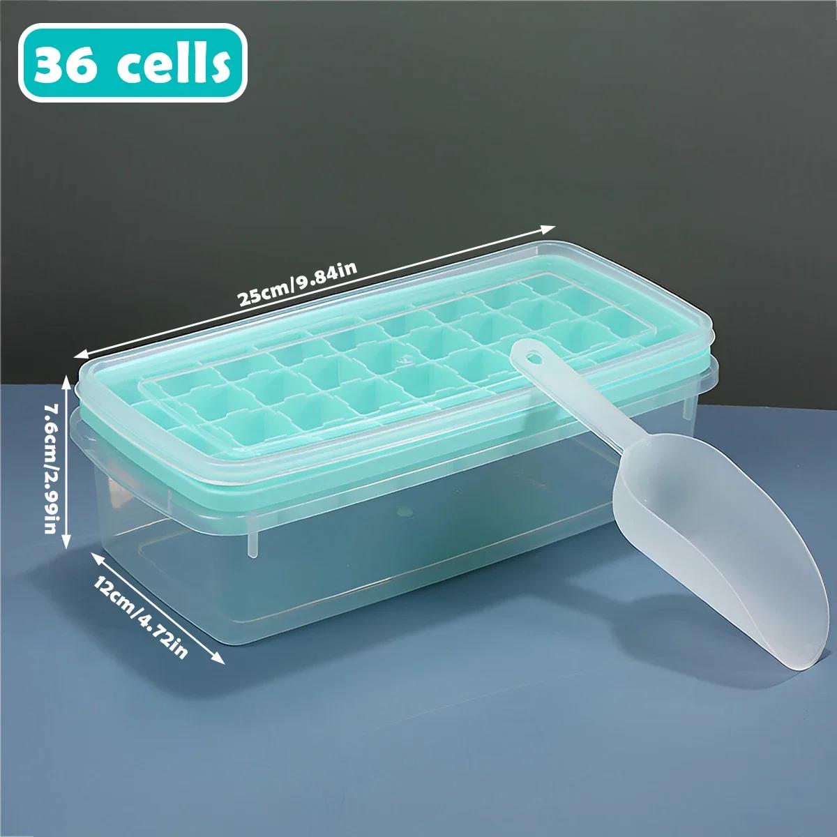 

Ice Cube Tray with Lid and Scoop 36 Grids Large Capacity Ice Maker Mold with Bin Stackable Square Ice Cube Container Reusable зелений