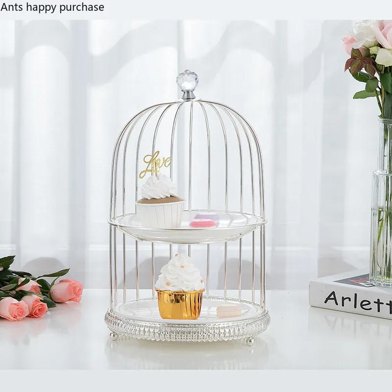 Birdcage Cake Stand Two Floors Three Floors Ceramic Plate Golden Silver Metal Snack Rack Dessert Cake Pastry Tray Display Stand