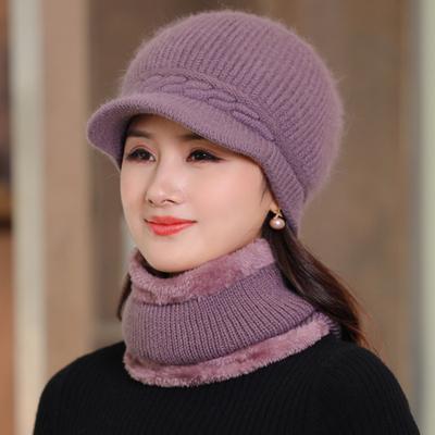 Mütze + Schal-Sets für ältere Damen mittleren Alters, Herbst- und Wintermütze aus Kaninchenfell, Strickmütze für den Winter, Mütze für ältere Menschen, Mütze für Mütter, Mütze und Schal für alte Damen