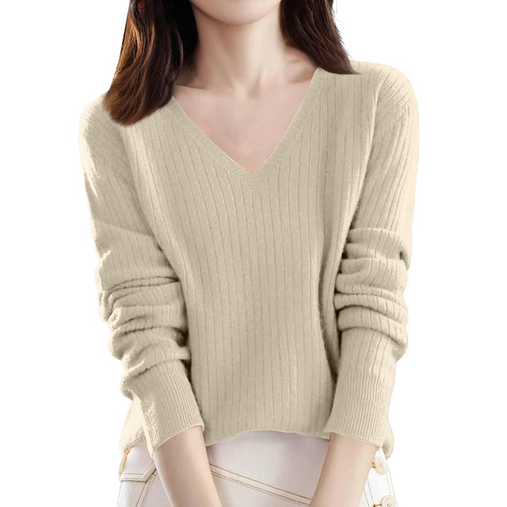 Women's Loose-Fit Knitted Base Layer Sweater V-Neck Pullover Long Sleeves Solid Colour