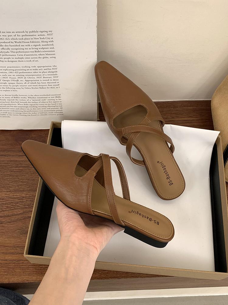 Summer Outside Slides Mules Pointed Toe Woman Slippers Leather Shoes for Women 2025 Black Sandals Flat Heel Korea Style Mujer